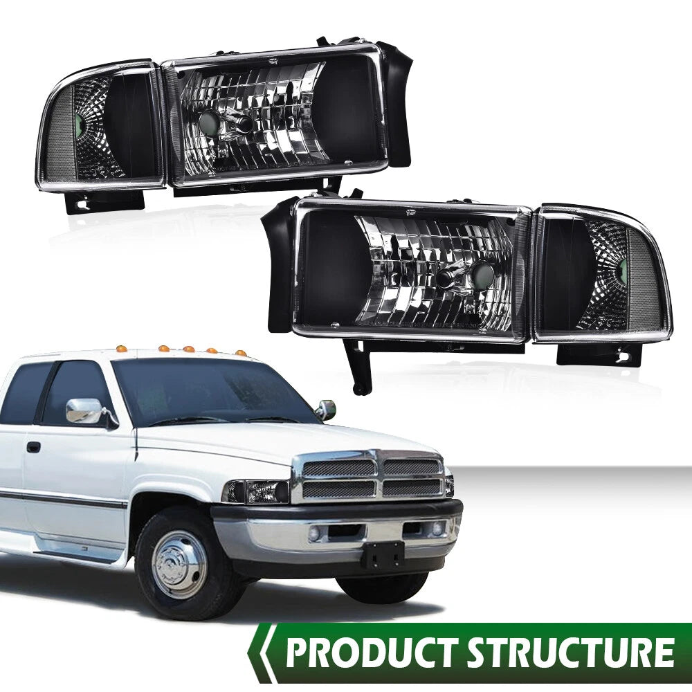 Clear Corner Black Headlights Assembly for Dodge Ram 1500 2500 3500 (1994–2002)