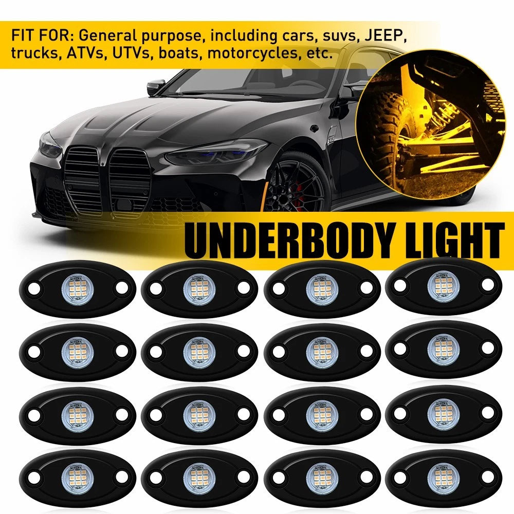16X Amber Rock LED Underglow Lights for ATV UTV SUV Truck