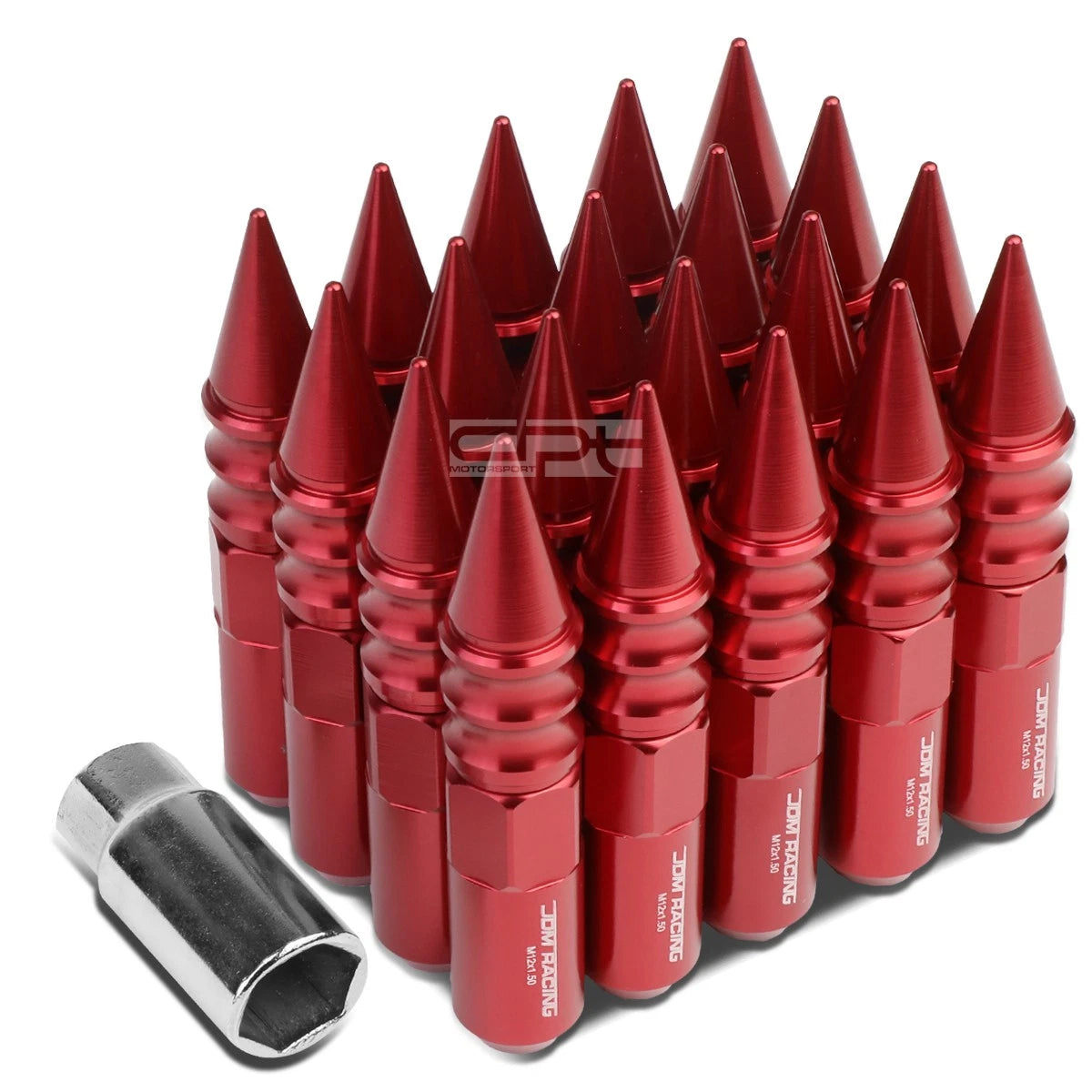 20 PCS M12X1.5 107MM Tall Red Aluminum Spiked Cap Lug Nuts + Adapter