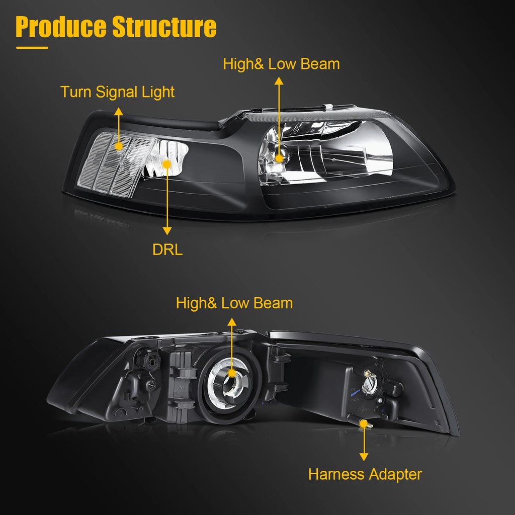 2X Headlights for Ford Mustang (1999–2004) Black Housing Clear Corner