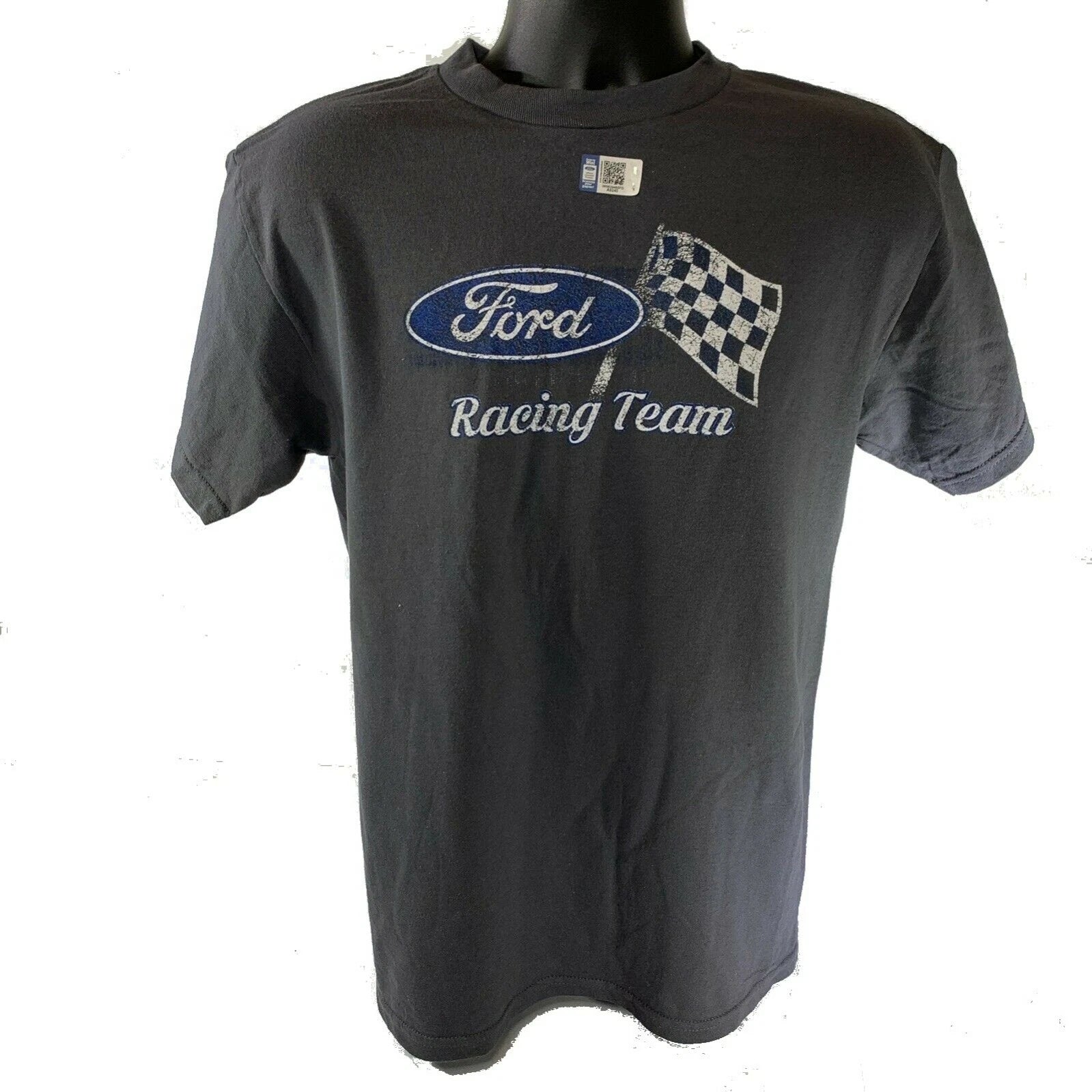 Licensed Ford Racing Team T-Shirt Gray Checkered Flag Emblem Logo (Unisex)