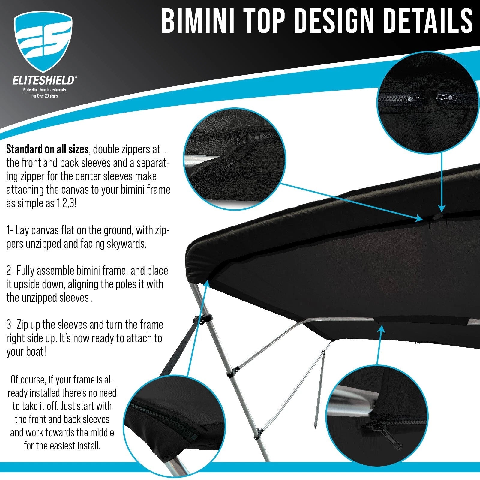 Bimini Top Boat Cover for 3 Bow (Fits 72"L x 36"H x 91"-96"W)