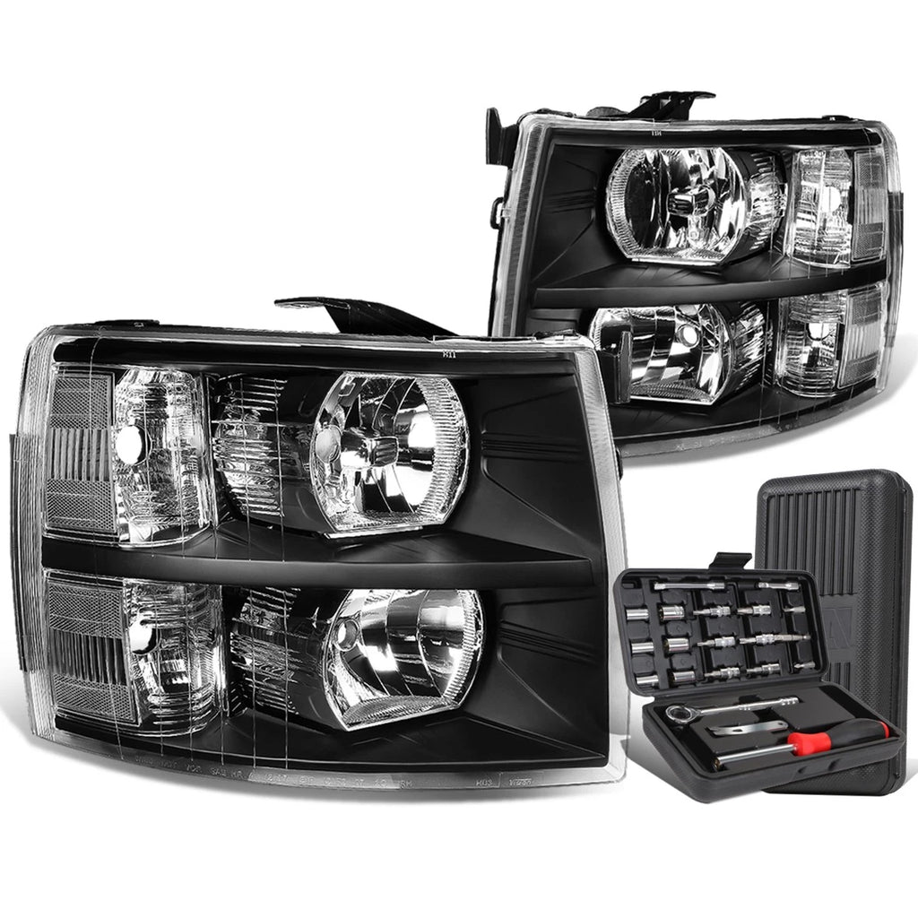 Pair of Black/Clear Signal Headlight Lamps for Chevy Silverado (2007–2014)