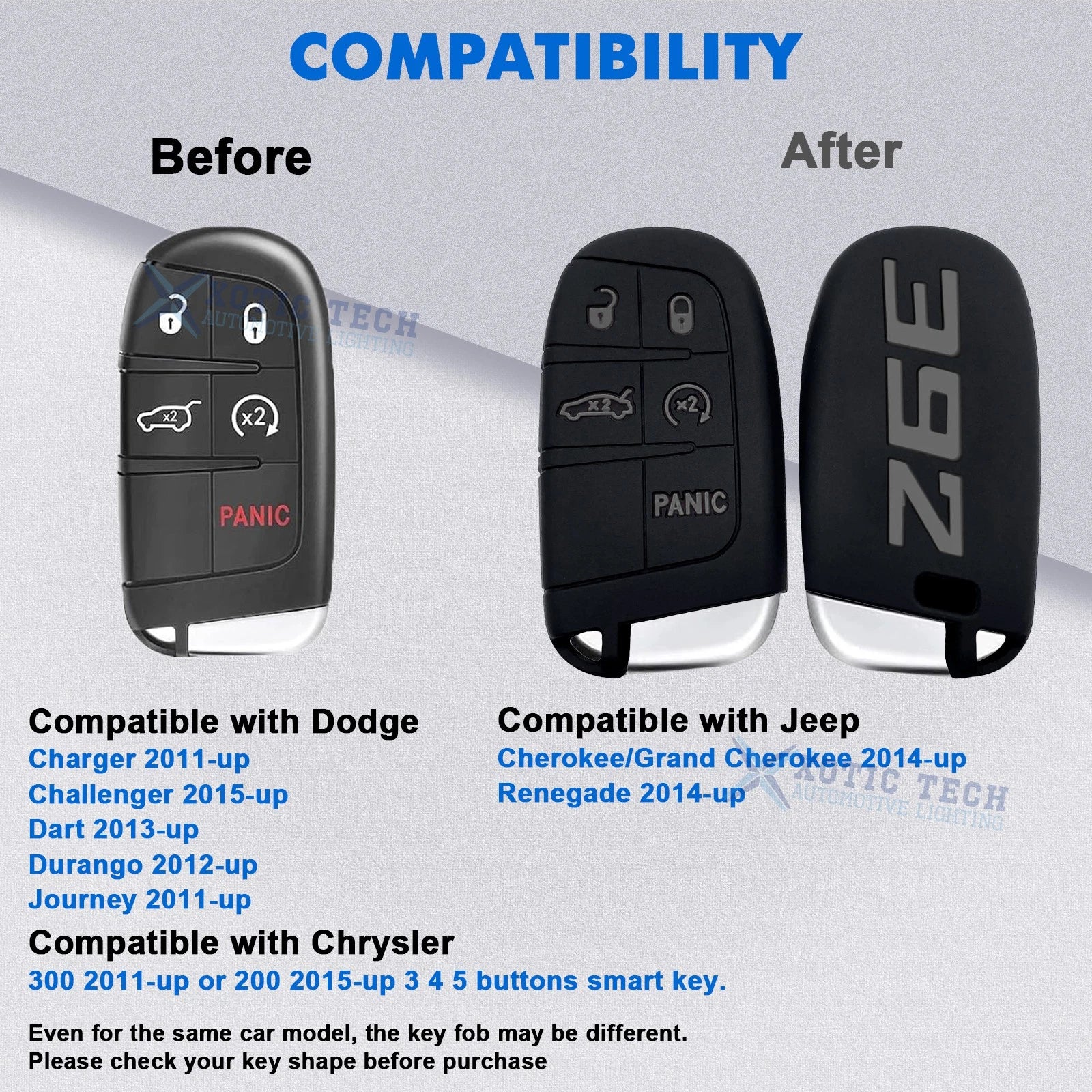 Silicone Remote Key Fob Shell Cover for Jeep Chrysler Dodge (2014-2024)