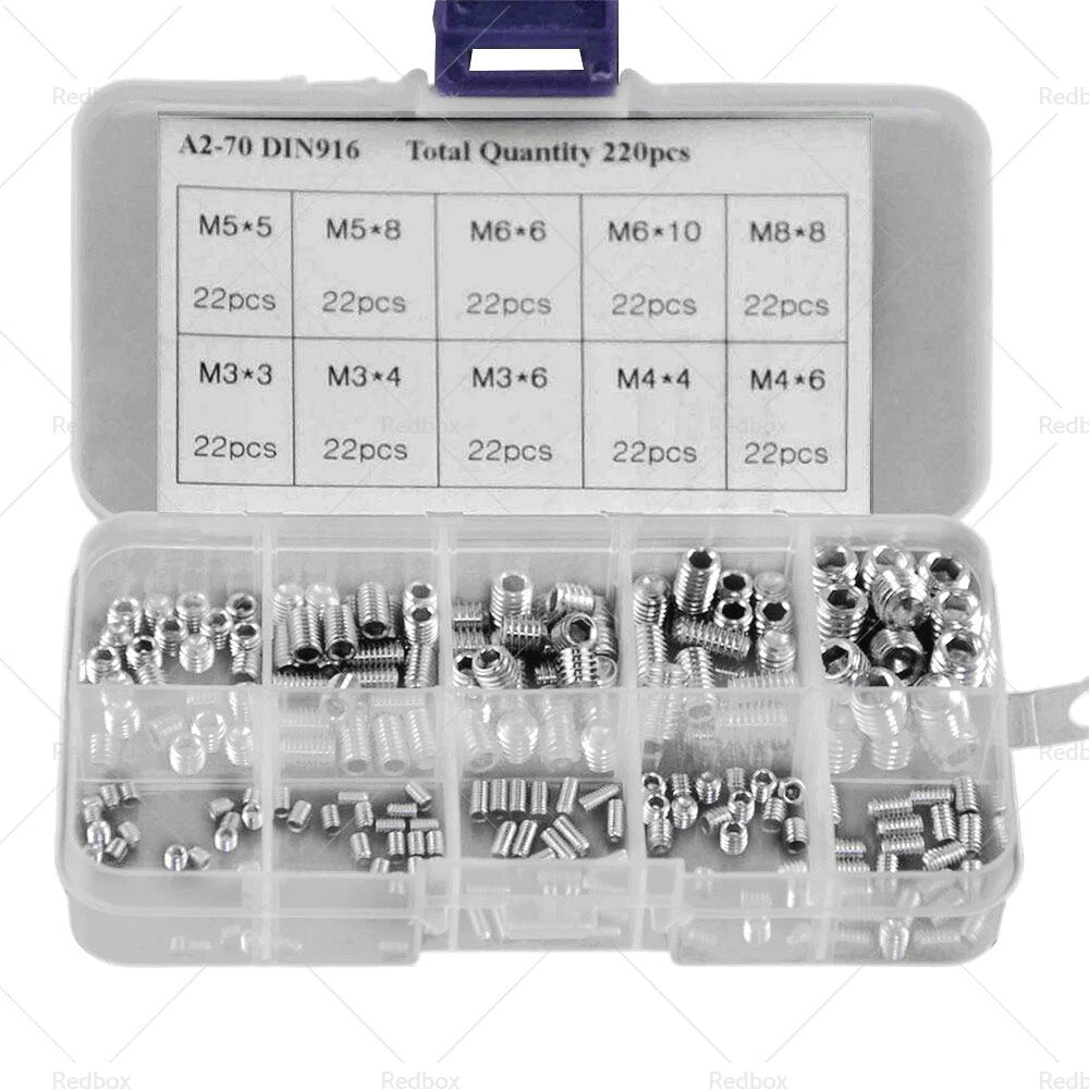 220Pcs Stainless Steel Allen Head Socket Grub Screws Assortment Kit