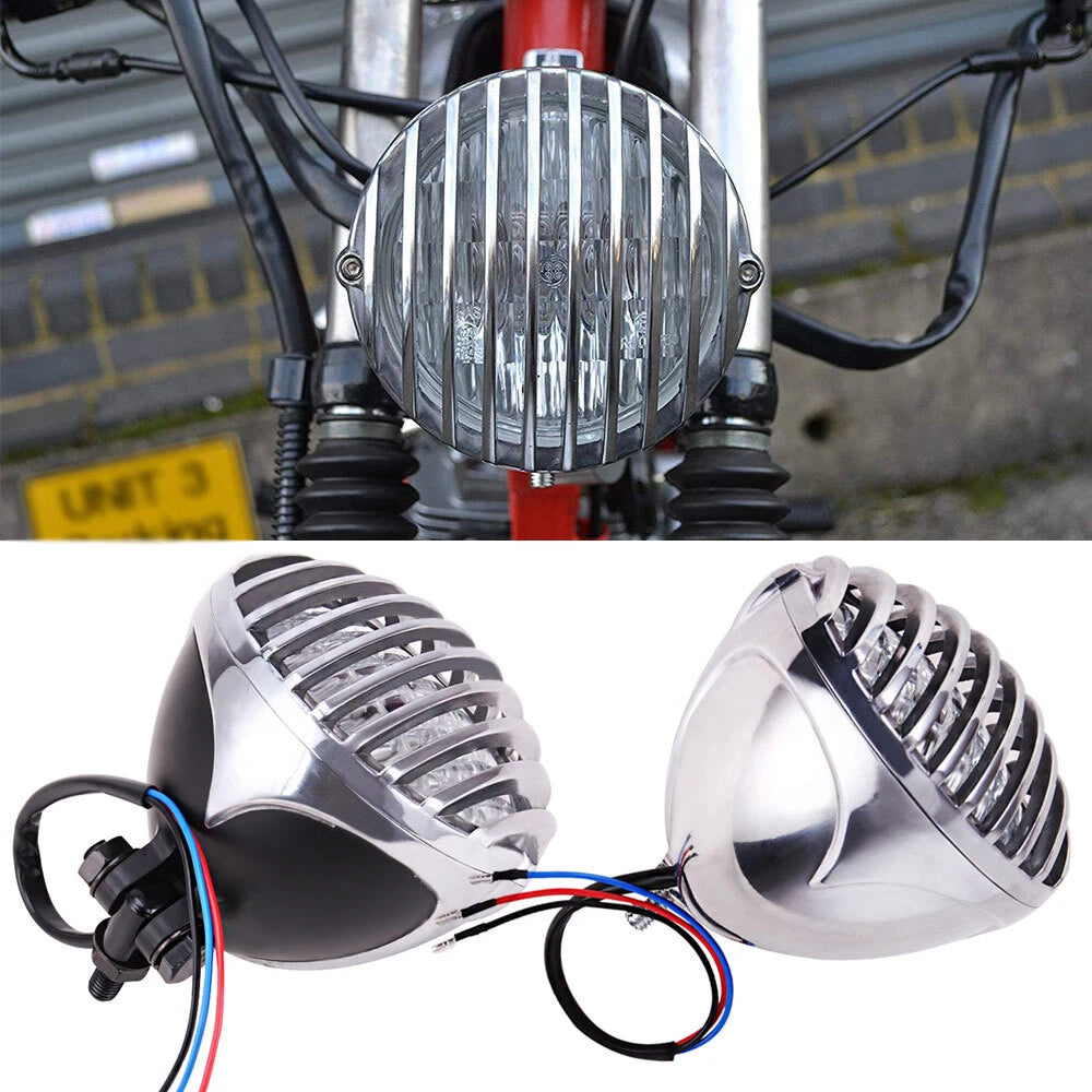 Headlight Finned Grill Lamp for Harley Cruiser Choppers Bobber Cafe Racer