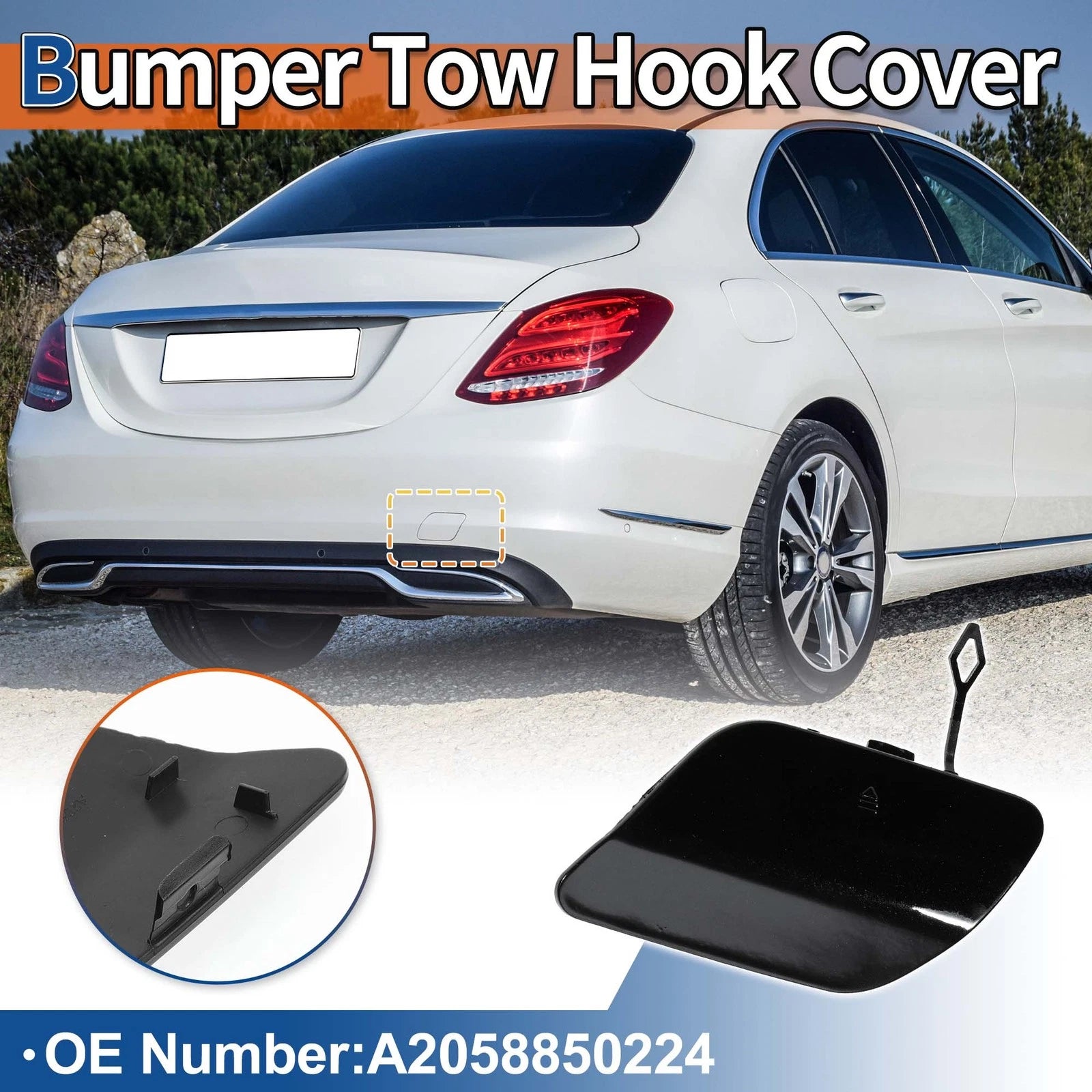 Rear Car Bumper Tow Hook Cover for Mercedes-Benz (A2058850224) Black Metallic