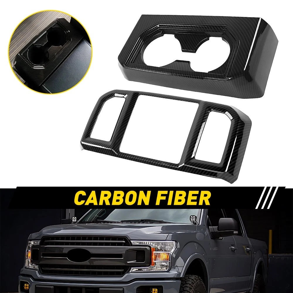 2Pcs Carbon Fiber Rear Cup Holder Air Vent Outlet Cover for Ford F150 (2015–2023)