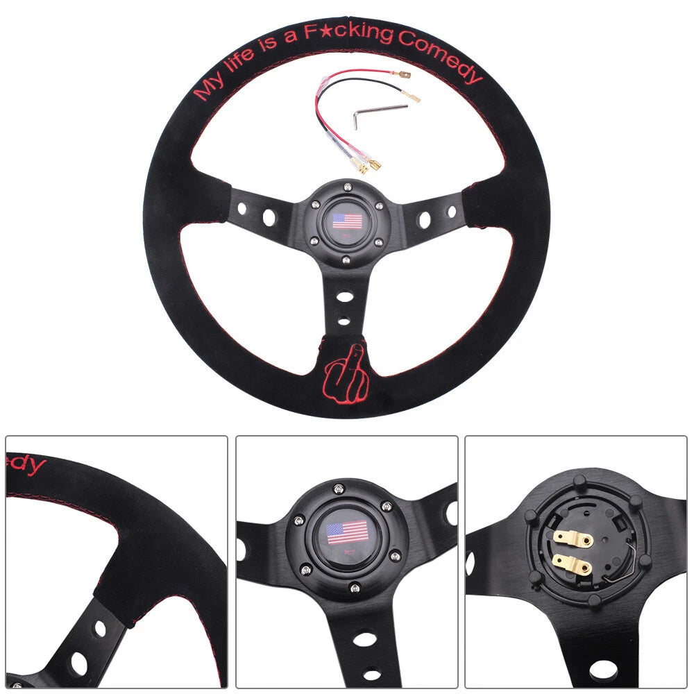 14" Suede Leather Steering Wheel for Racing Drifting