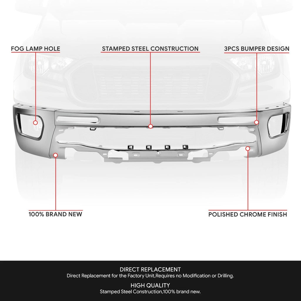 Front Bumper for Ford Ranger (2019–2024) OE Style with Fog Light Holes, Chrome