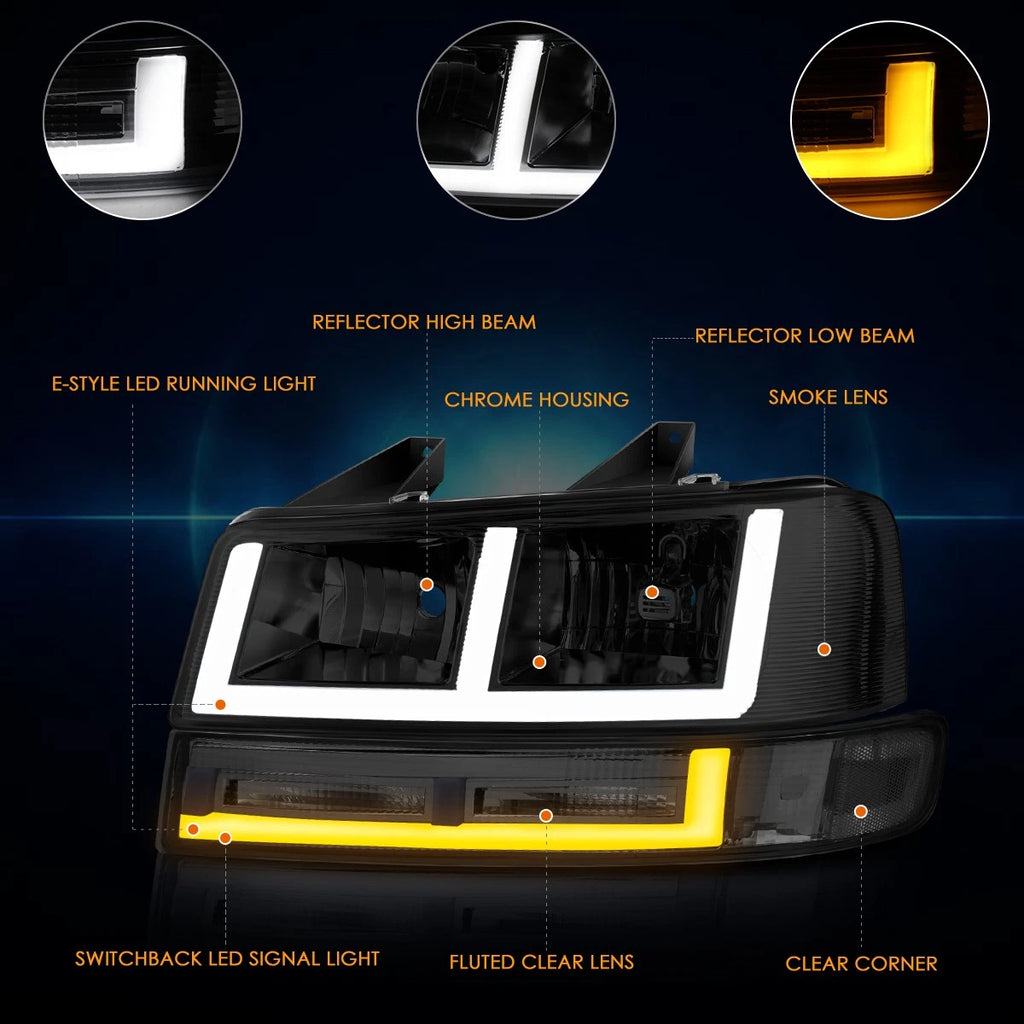 E-Shape Switchback LED DRL Headlights Smoked for Express/Savana 1500-3500 (2003–2024)
