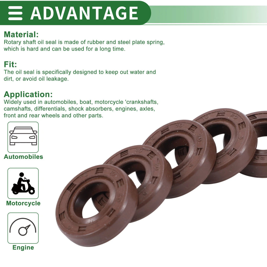 Set of 5 Oil Seal Rotary Shaft Seal 10x20x5mm Fluorine Rubber