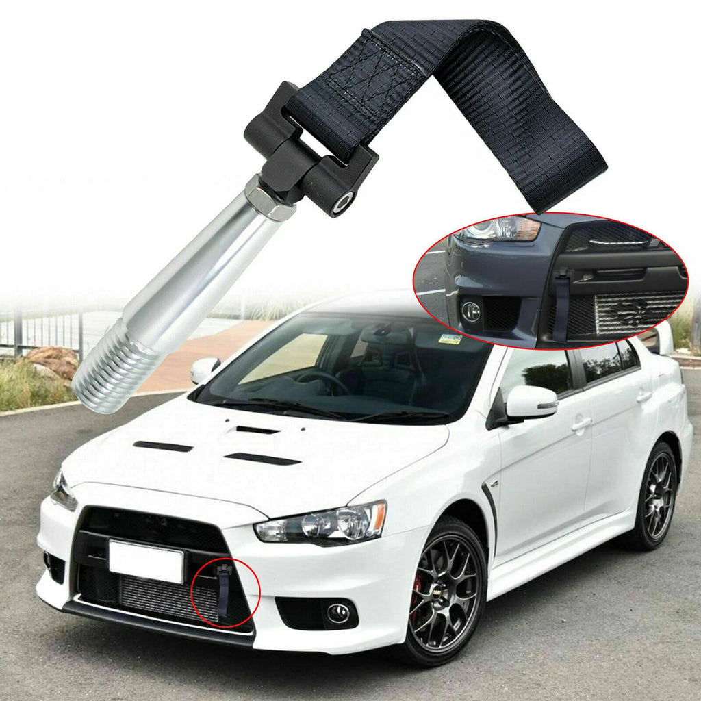 JDM Black Tow Hook Strap for Mitsubishi Lancer Evolution Evo X (2008–2017)