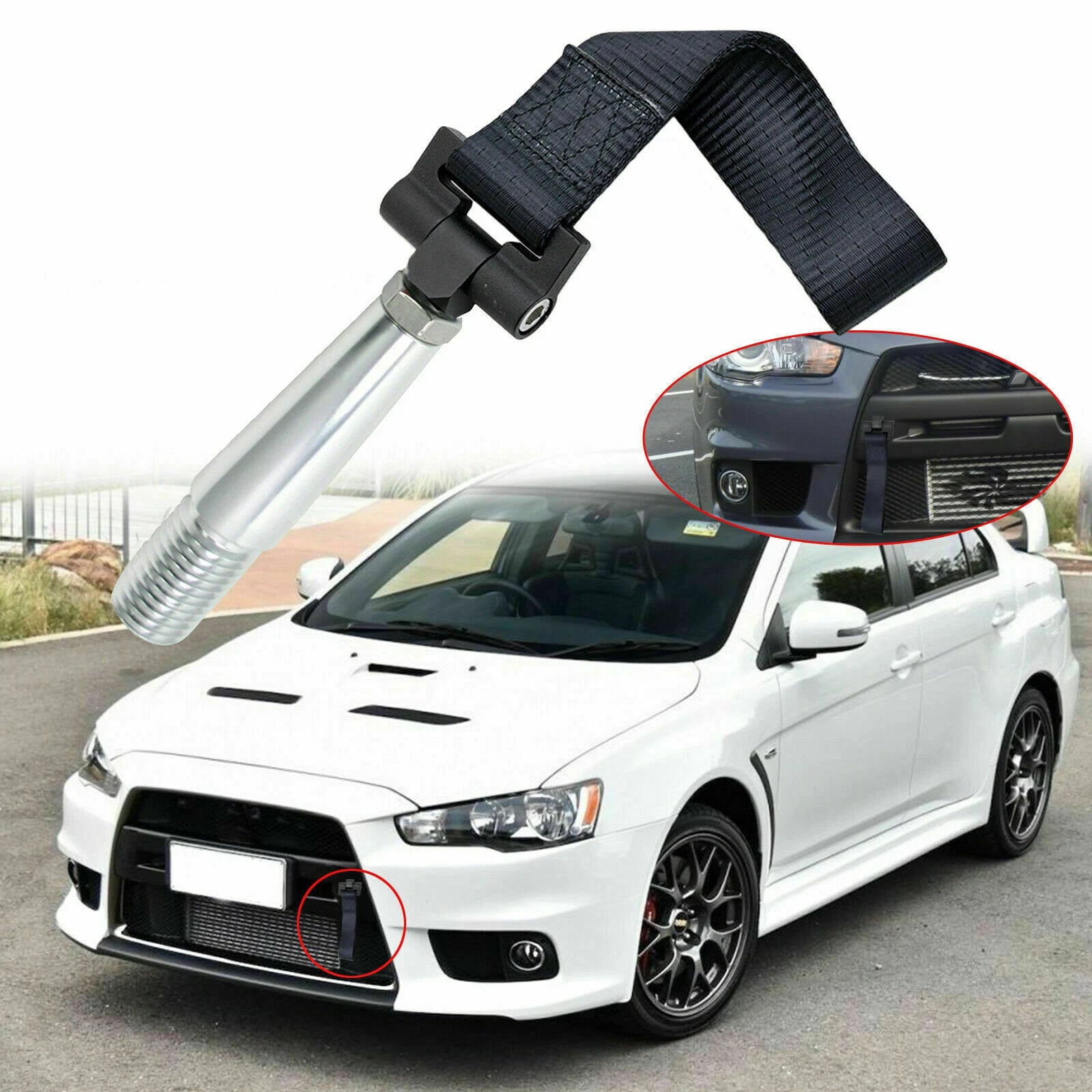 JDM Black Tow Hook Strap for Mitsubishi Lancer Evolution Evo X (2008–2017)
