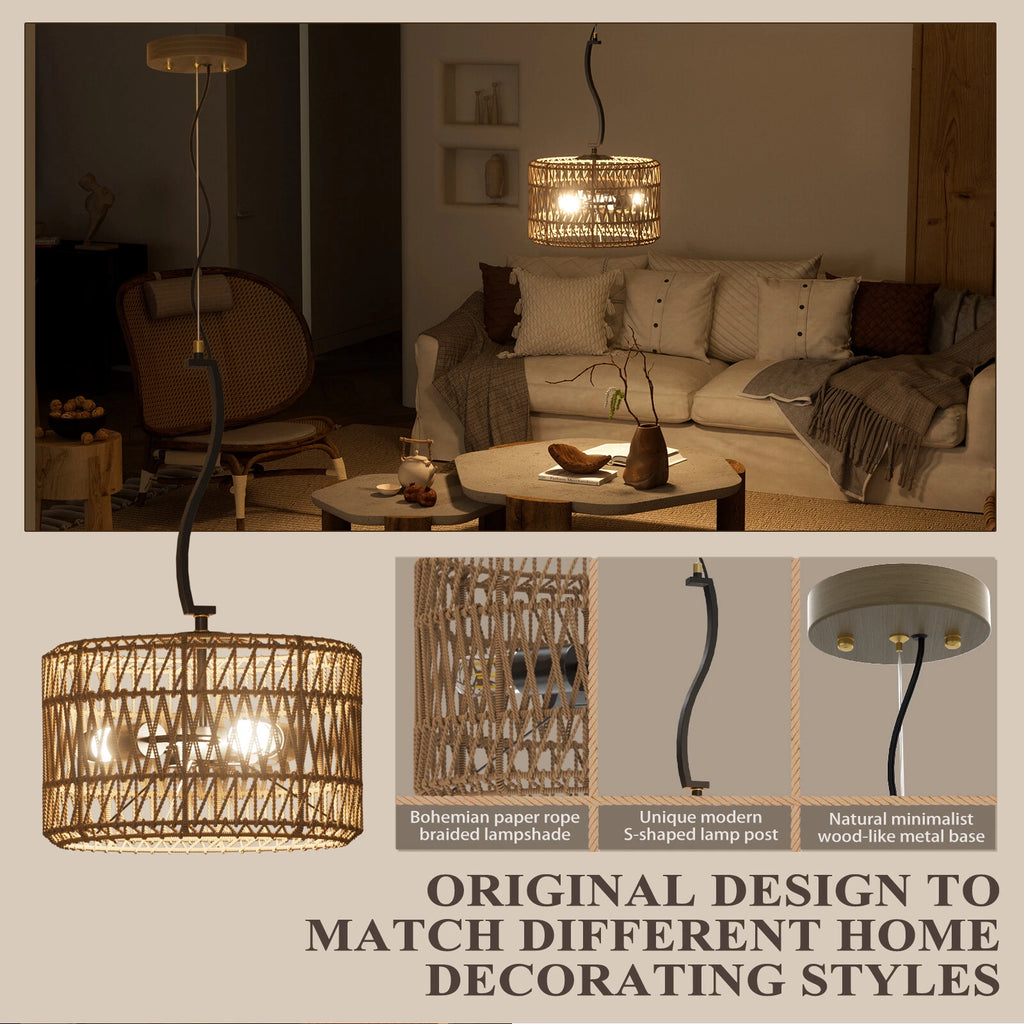 3-Light LED Pendant Light Fixture for Boho Rattan Style