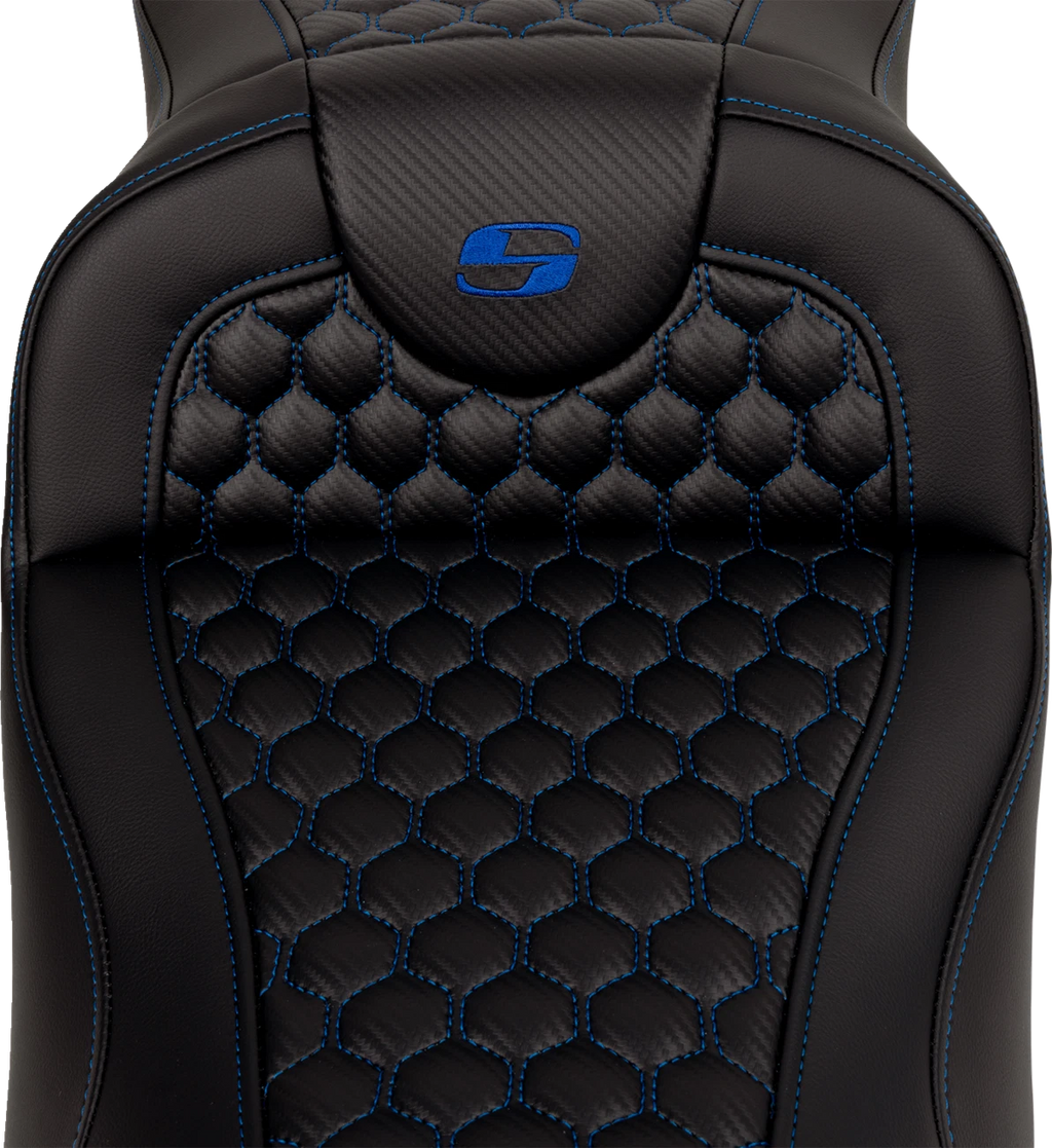 SADDLEMEN RoadSofa Seat for Harley Davidson (Extended Reach, Blue Stitch)