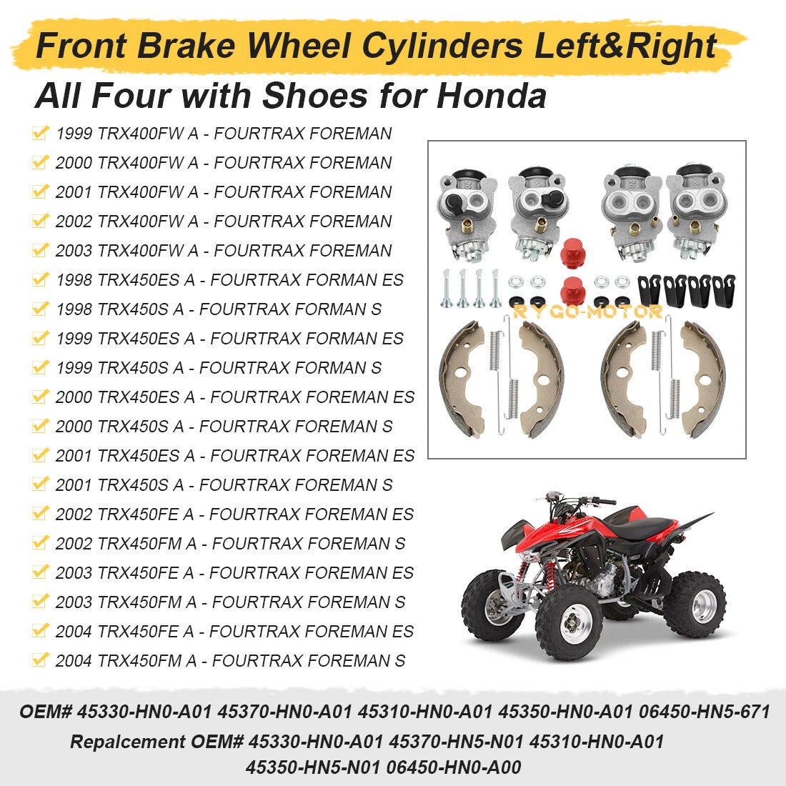 Front Brake Wheel Cylinders & Shoes Kit for Honda TRX400FW (1995–2004)