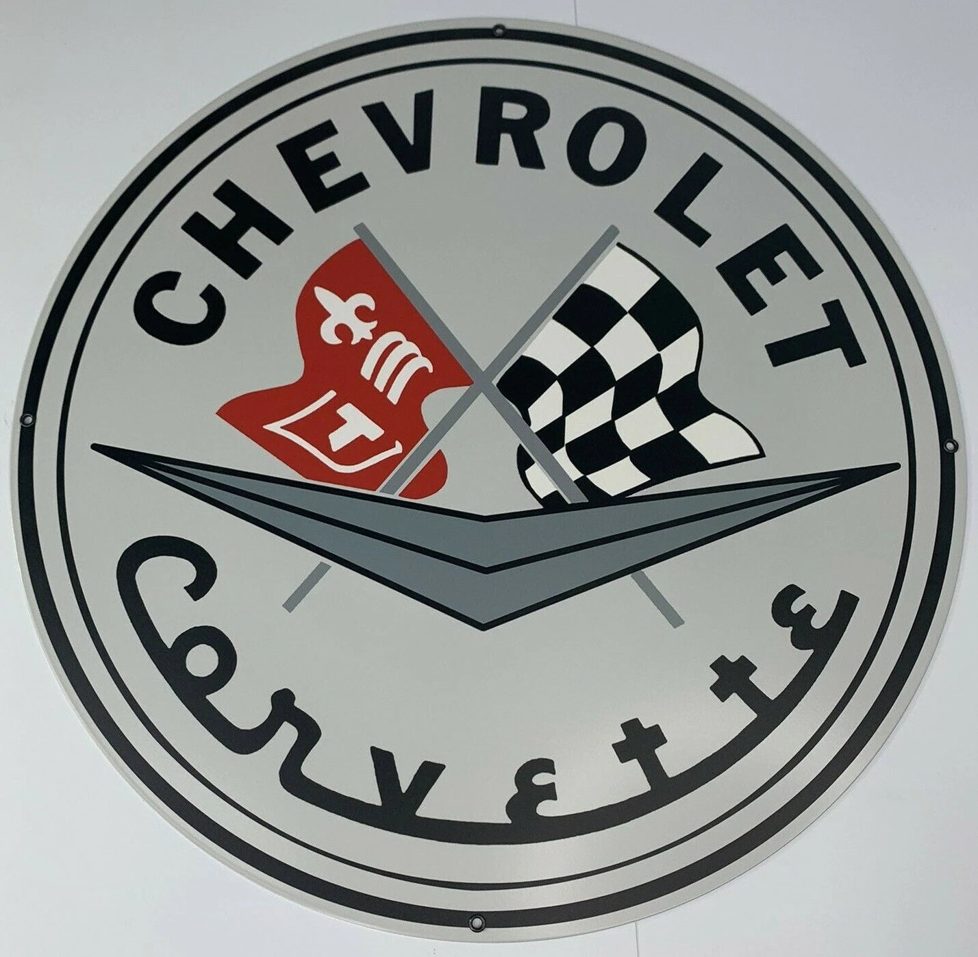Chevrolet Corvette Metal Sign Replacement Crossed Flags Emblem 18 Inch (2005–2019)