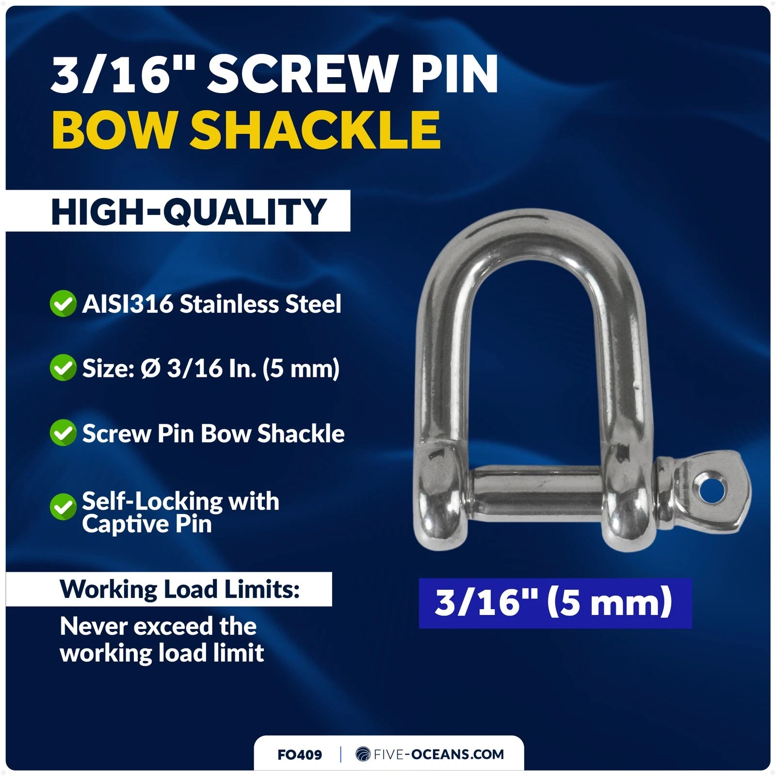 3/16" Screw Pin D Anchor Shackle for FO409 (AISI316 Stainless Steel)