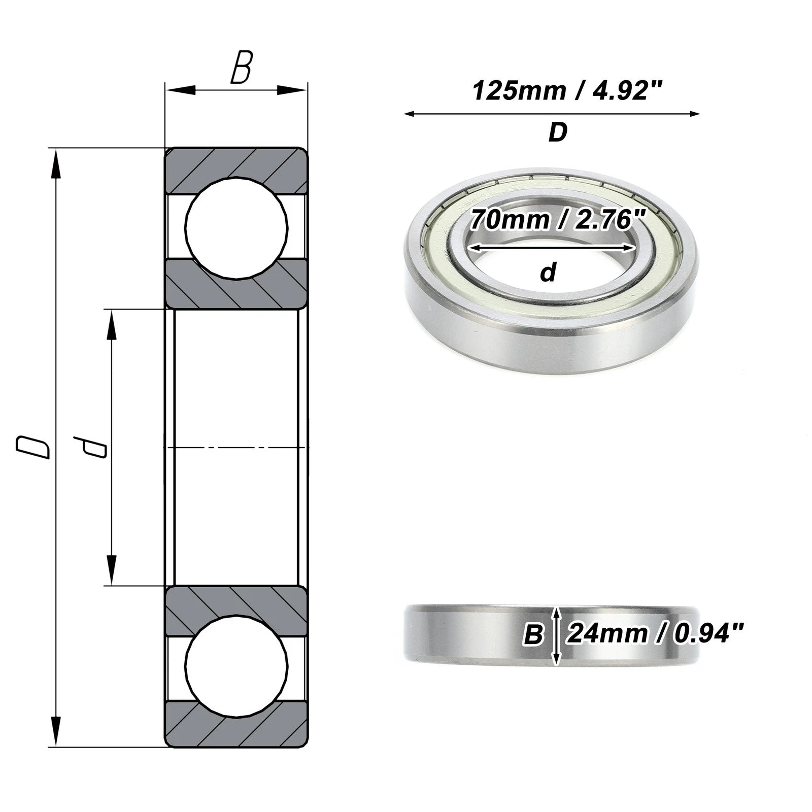 6214ZZ Deep Groove Ball Bearing for Scooter Skateboard Wheel (70x125x24mm)