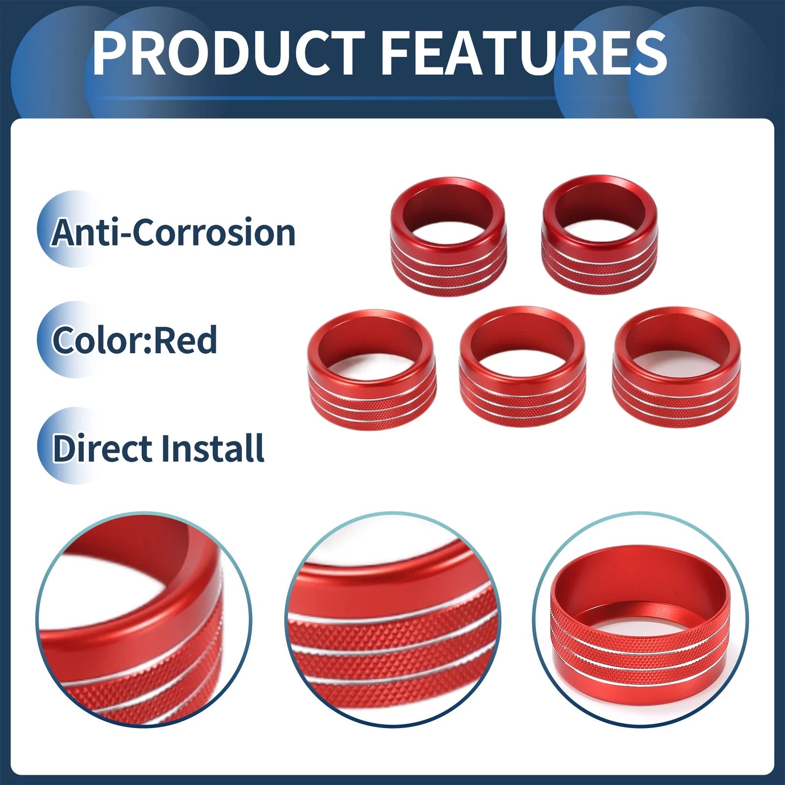 Set of 5 AC Media Volume Switch Knob Cover Rings for Dodge RAM (2018–2022) Red
