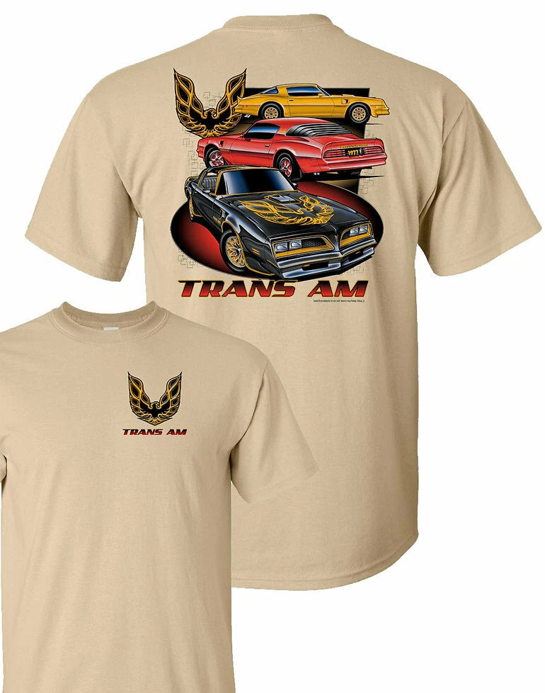 Trans Am T-Shirt Tan with 3 Cars Emblem for Pontiac Firebird (1969–1969)