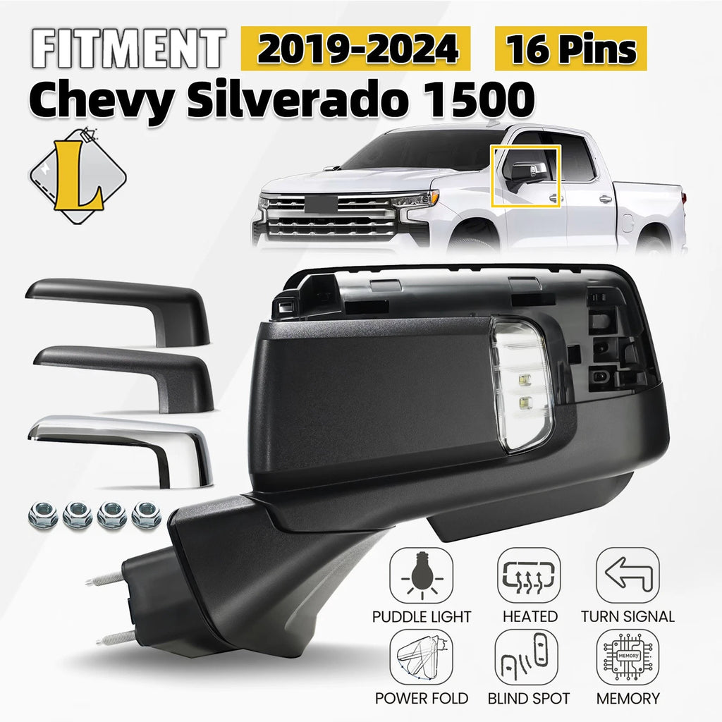 Side Mirror for Chevy Silverado 1500 (2019–2024) W/BSD, Memory, Heated, 16 Pin Left