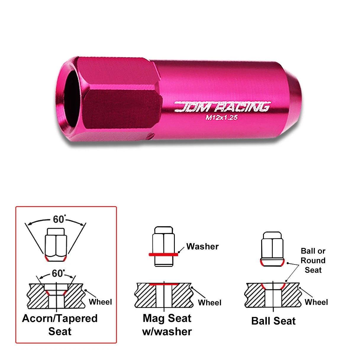 20Pc M12X1.25 Pink JDM Open-End Acorn Hex Wheel Lug Nut + Extension 25mmx60mm