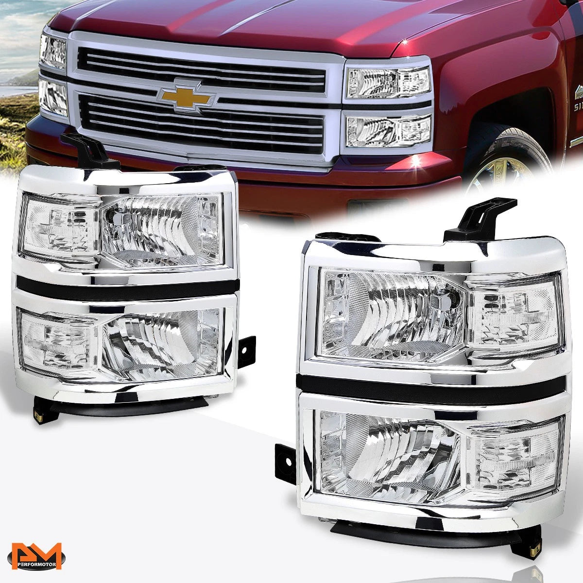 Headlight Replacement for Chevy Silverado (2014–2015) Chrome Housing Clear Corner