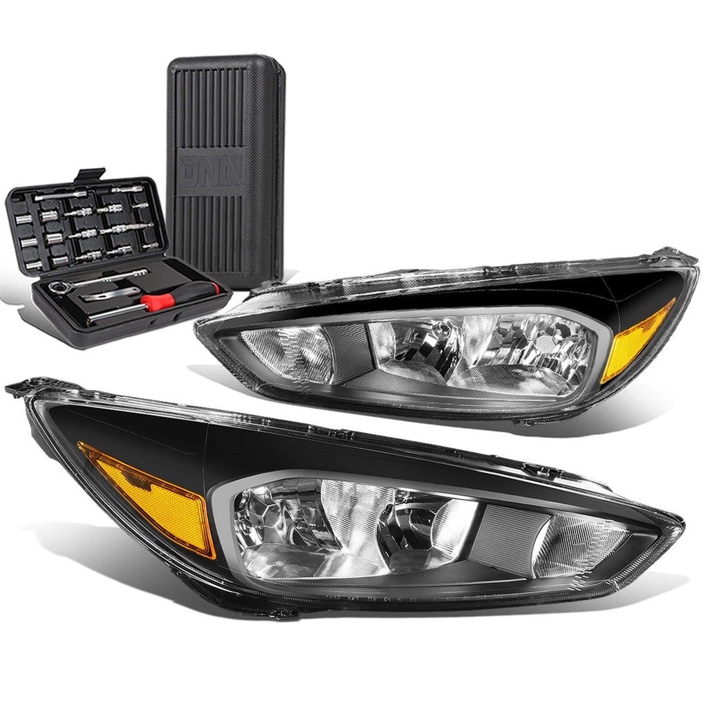 Pair of Black/Amber Signal Headlight Lamps for Ford Focus (2015–2018)