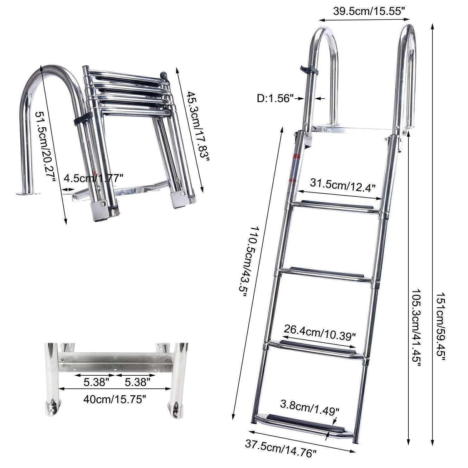 4-Step Stainless Steel Folding Boat Ladder for Pontoon (Removable)