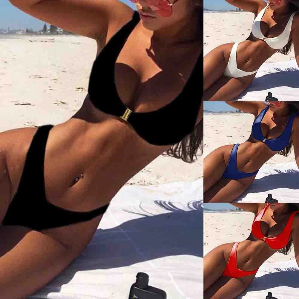 Set of 2 High Waist Swimwear for Women - Black/White V Neck Bikini