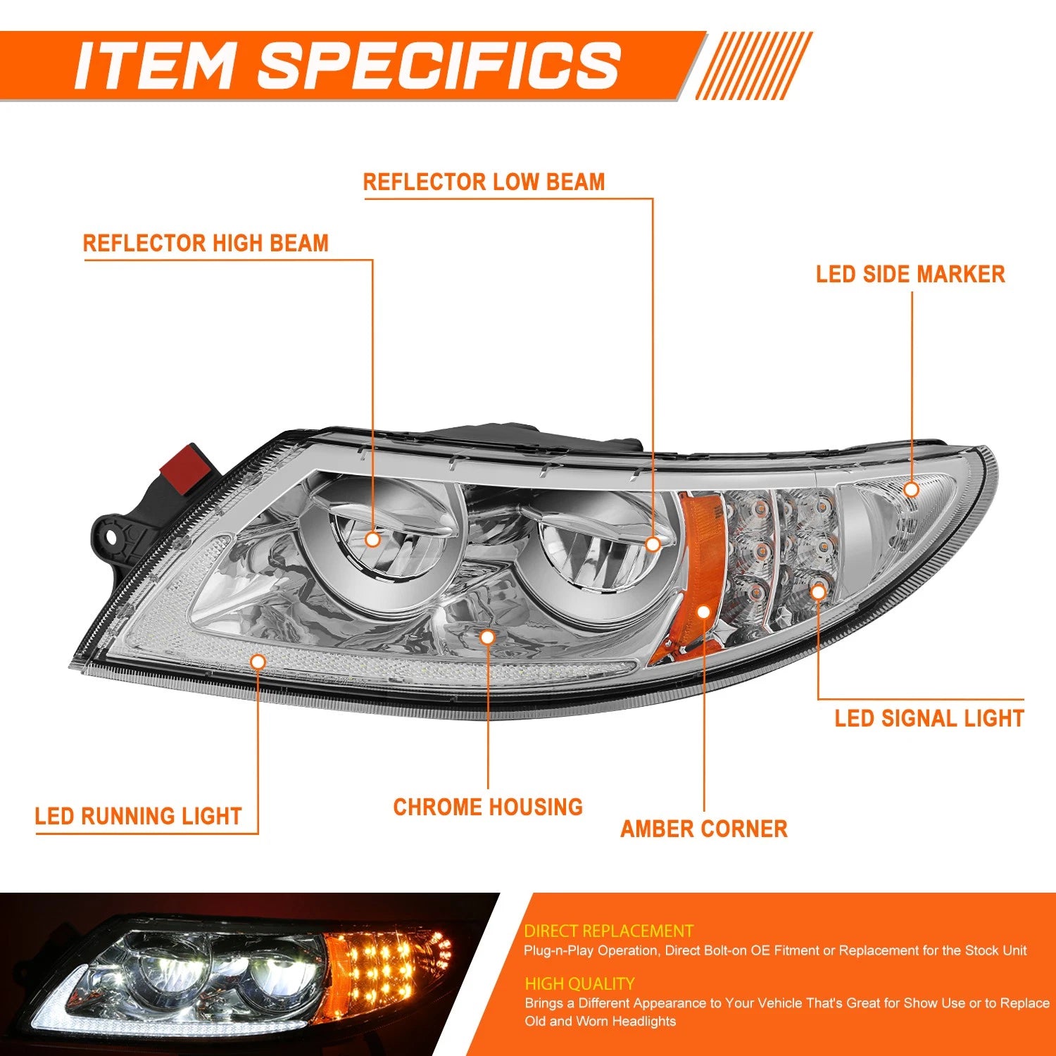 Full LED DRL Headlights Chrome/Amber for International Harvester 4100-8600 (2002–2015)