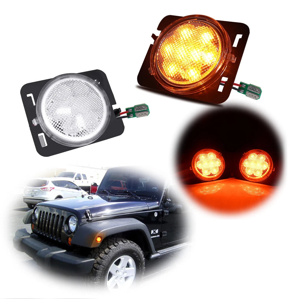 2X Clear LED Amber Side Marker Turn Signal Lights for Jeep Wrangler JK