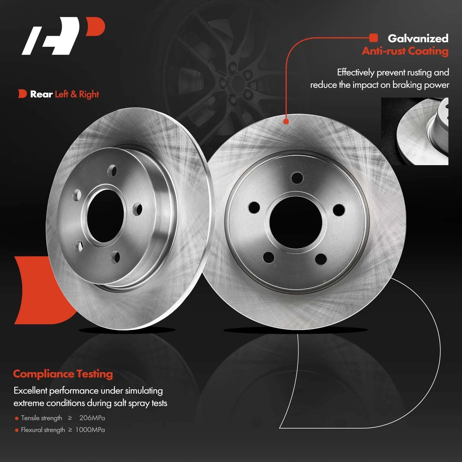 Set of 2 Rear Disc Brake Rotors & Pads with Wheel Hub for Ford Focus (2012–2018)