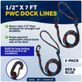 2X 1/2" x 7 ft PWC Dock Lines with Giant Snap Hook for Boats