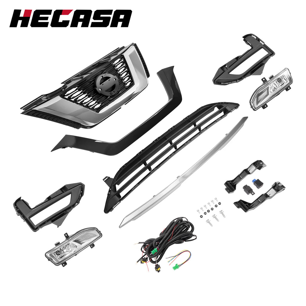 Front Upper Lower Grille Trim Fog Lamp Kit for Nissan Rogue (2017–2020)