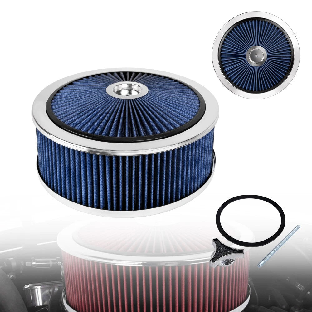 14" Blue Round Deep Dish Air Cleaner Kit for Automotive (Washable Filter, Chrome Lid)
