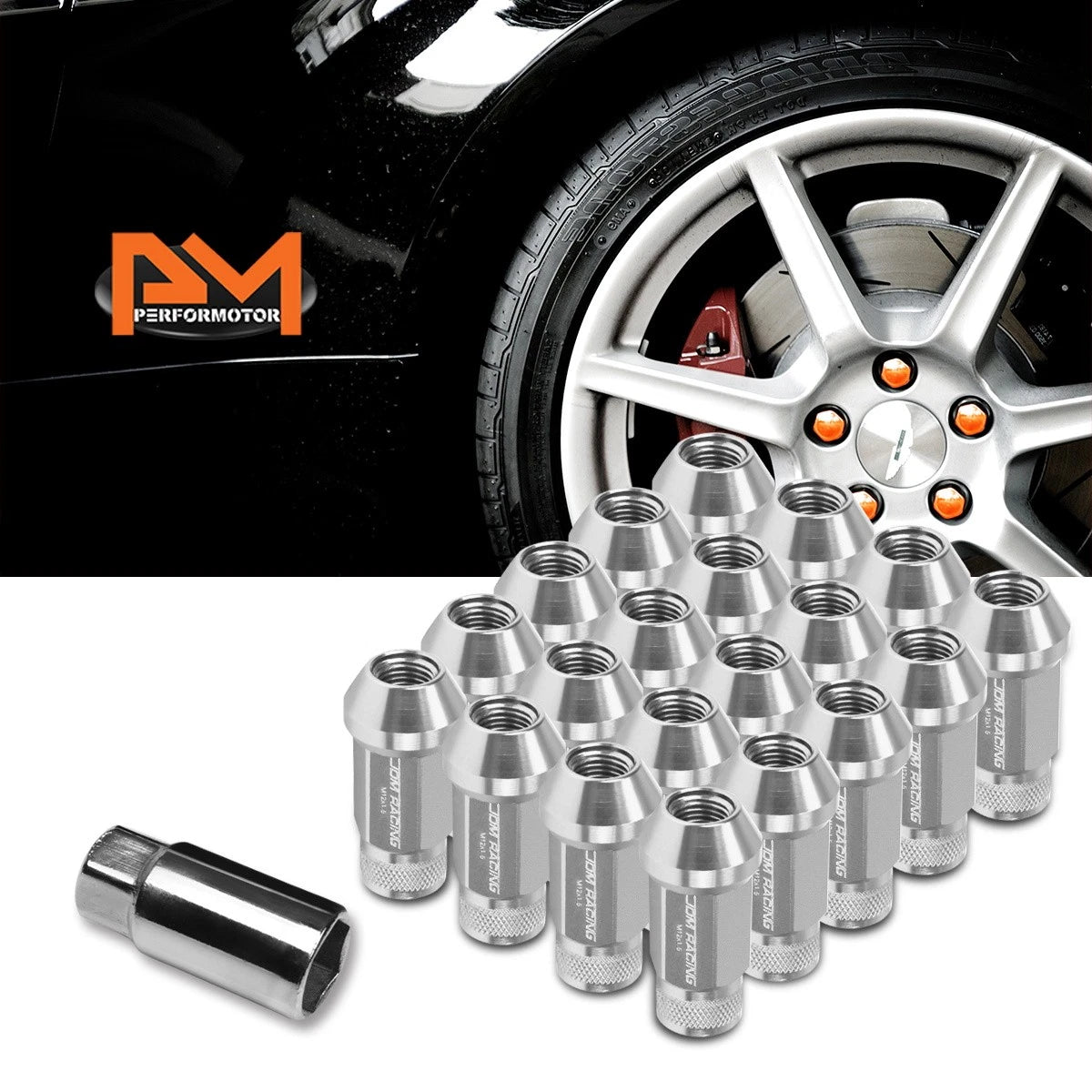 Set of 20 M12X1.5 Silver JDM Open End Cone Hex Wheel Lug Nuts + 25mm Extension