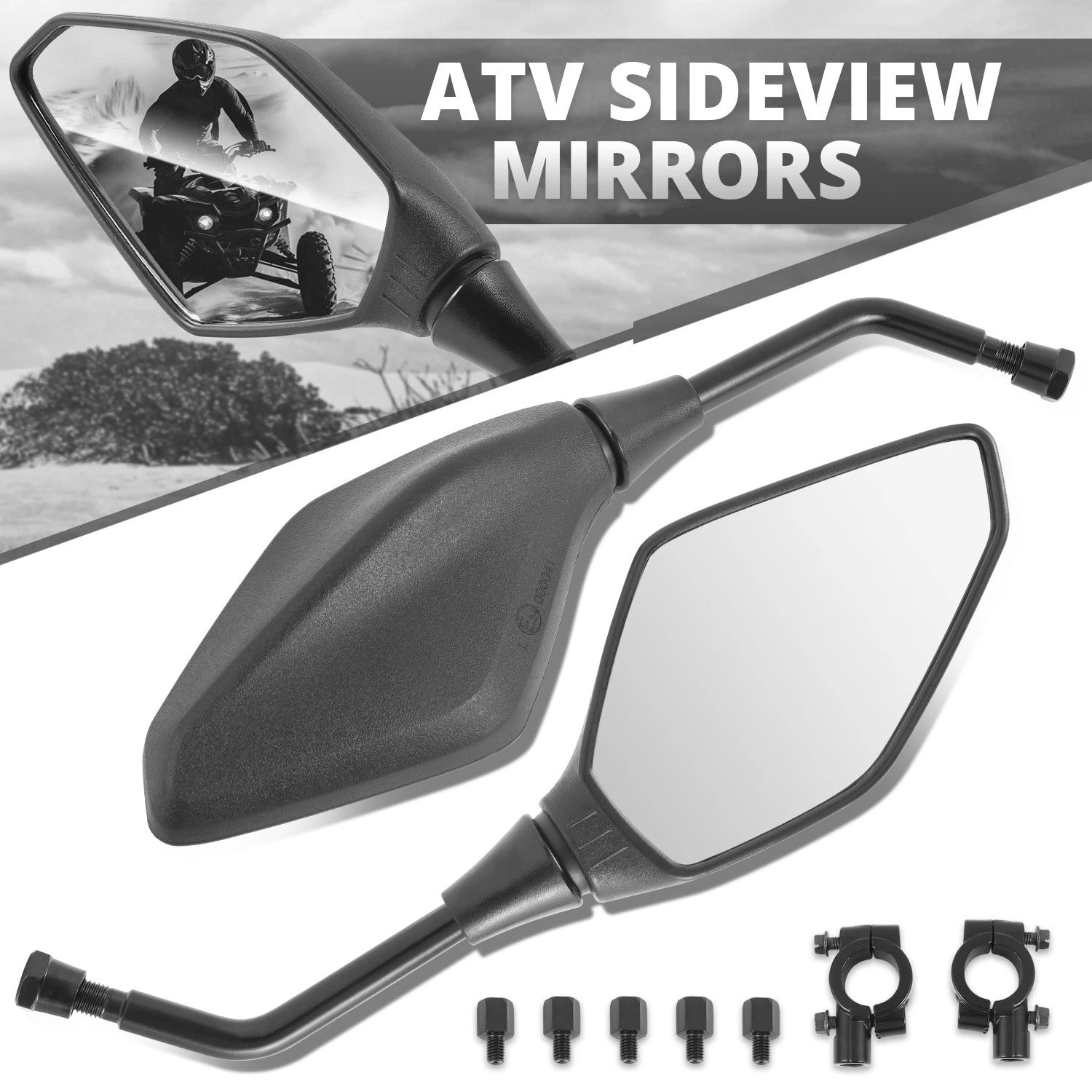 Universal ATV Side View Mirrors Handlebar Mount Bolt-In (Polypropylene)