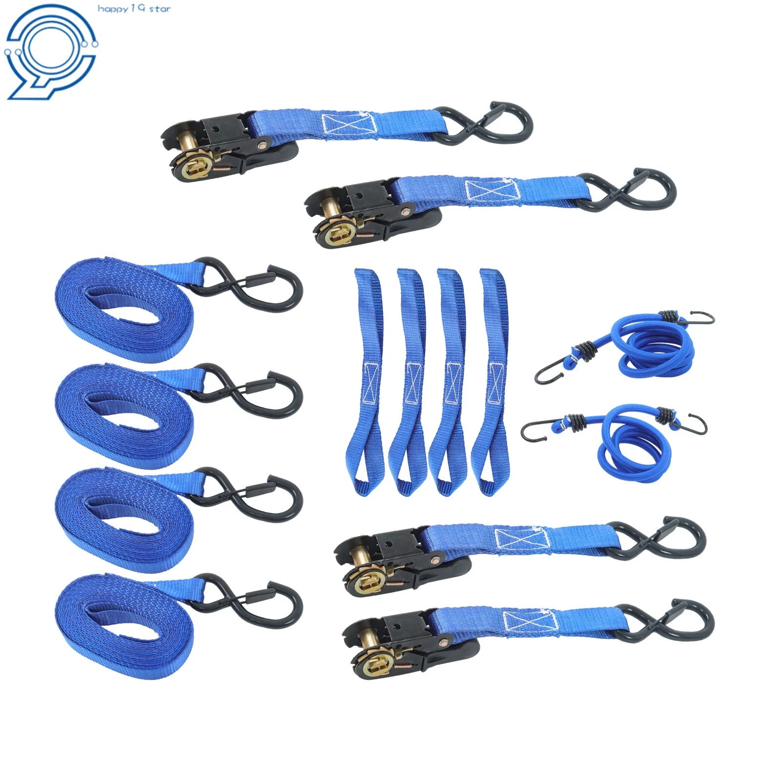 Set of 4 Heavy Duty Ratchet Straps 1" x 15' (2200lb Break Strength, Blue)