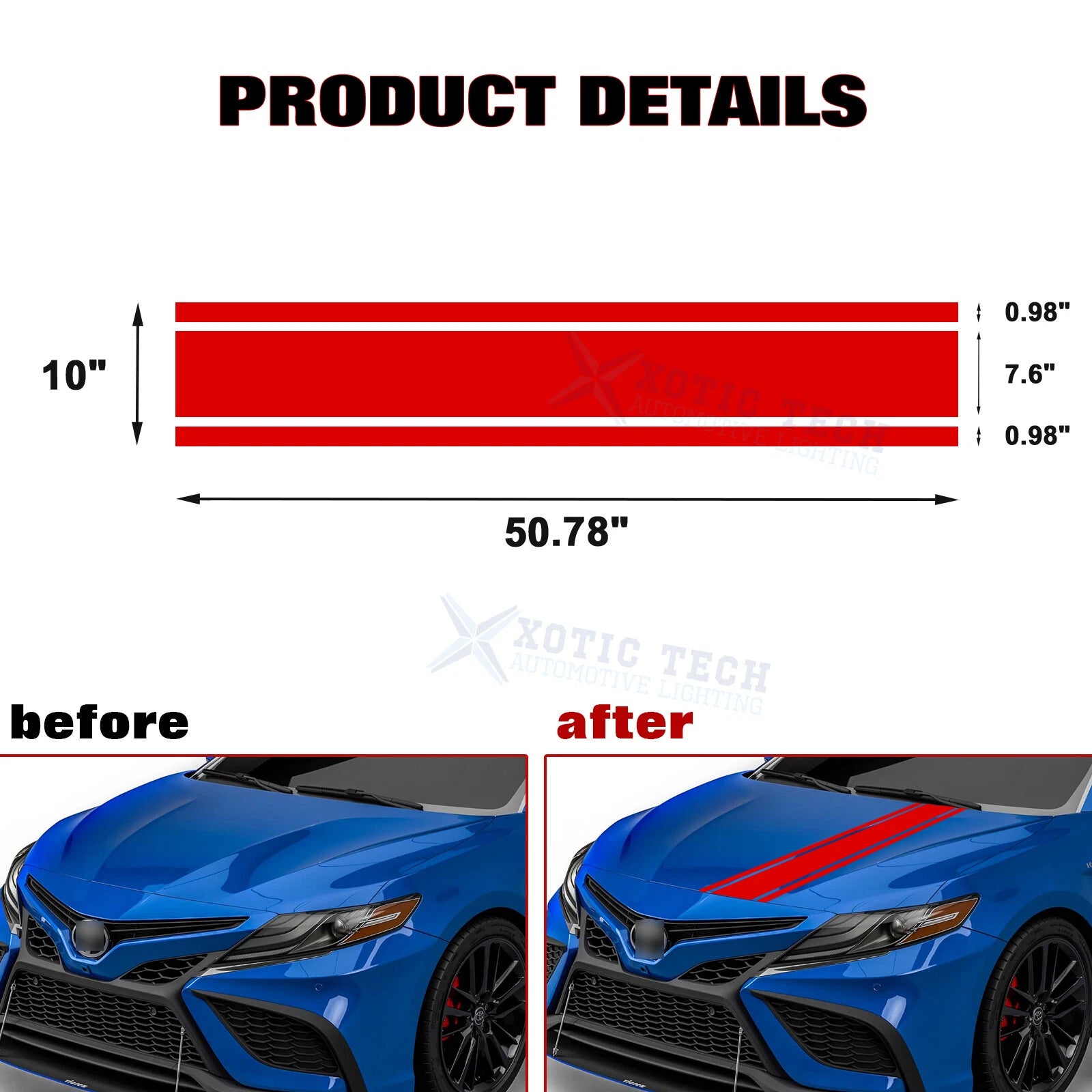 Red KK Vinyl Front Hood Bumper Fender Trunk Stripe Stickers Decals (2010-2020)
