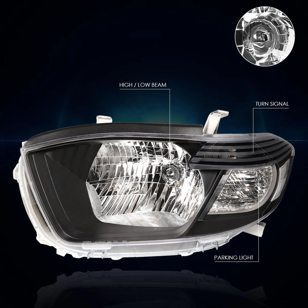 Headlight Replacement for Toyota Highlander (2008–2010) Black Housing Clear Corner