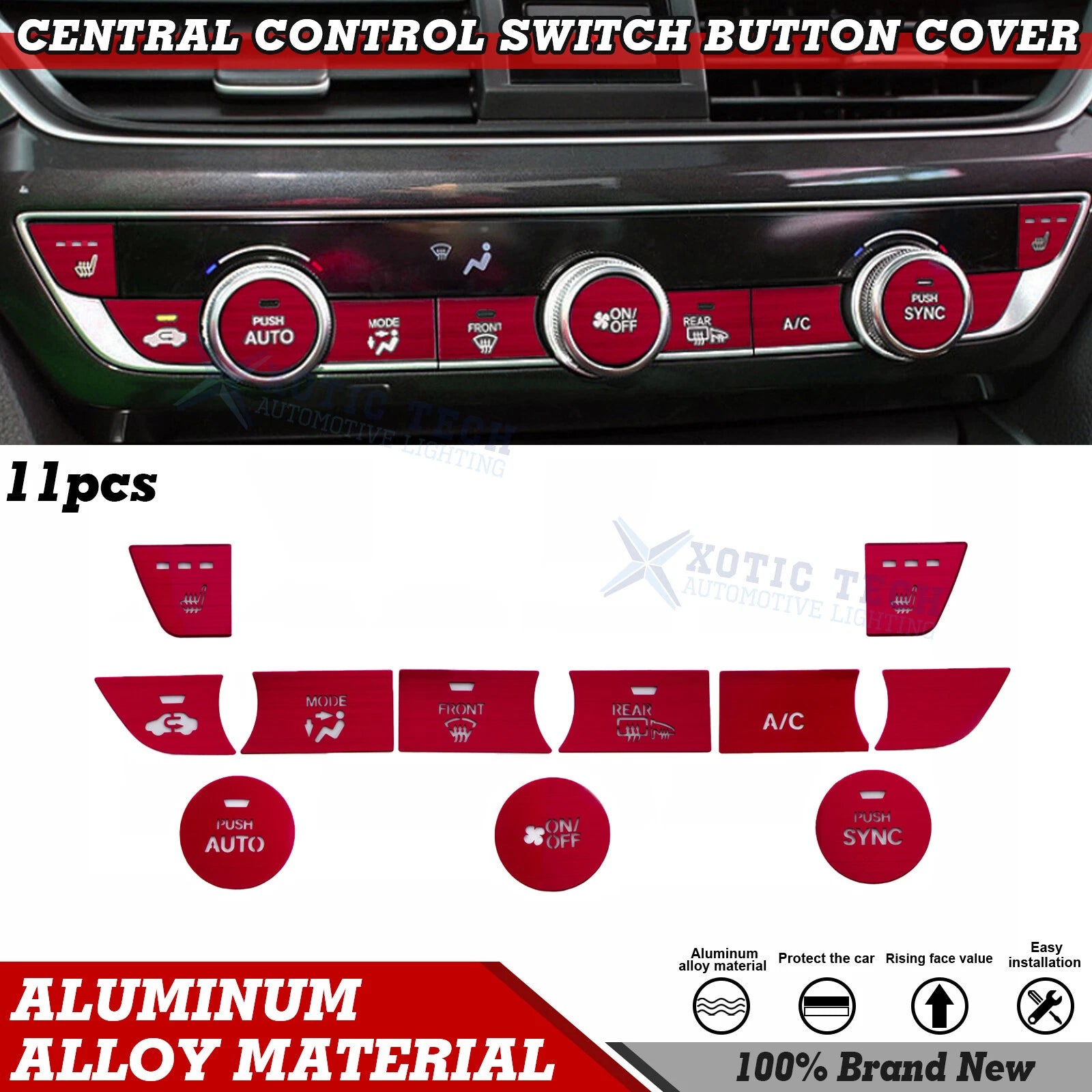 Red Aluminum Center Console Dashboard Switch Cover Trim for Honda Accord (2018–2022)
