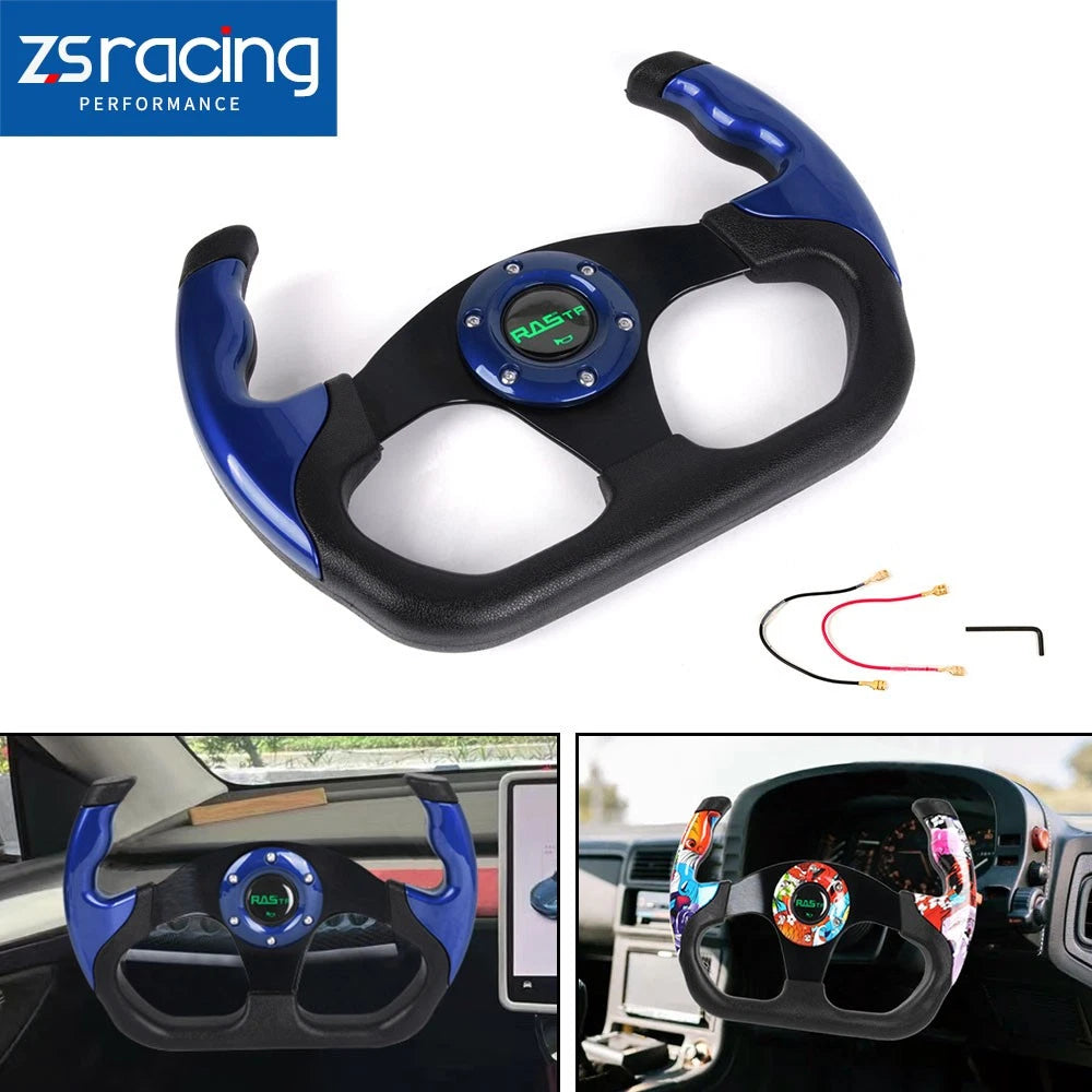Universal Blue U Shape Flat Dish Steering Wheel 6 Holes + Horn Button