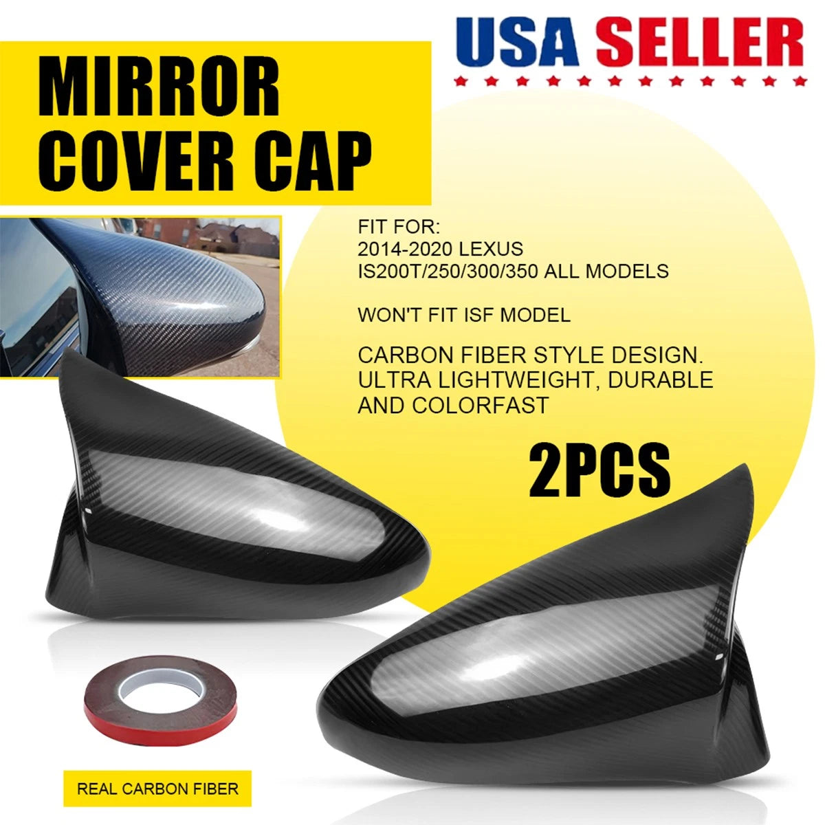 2X Real Carbon Fiber Side Mirror Cover Cap for Lexus IS200t/250/300/350 (2014–2020)