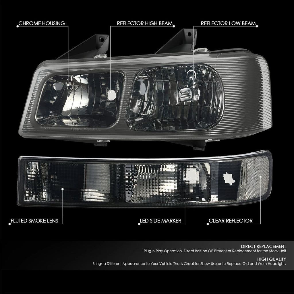 Set of 2 Smoked Headlights with Signal Bumper Lamps for Express Savana 1500 2500 3500 (2003–2022)
