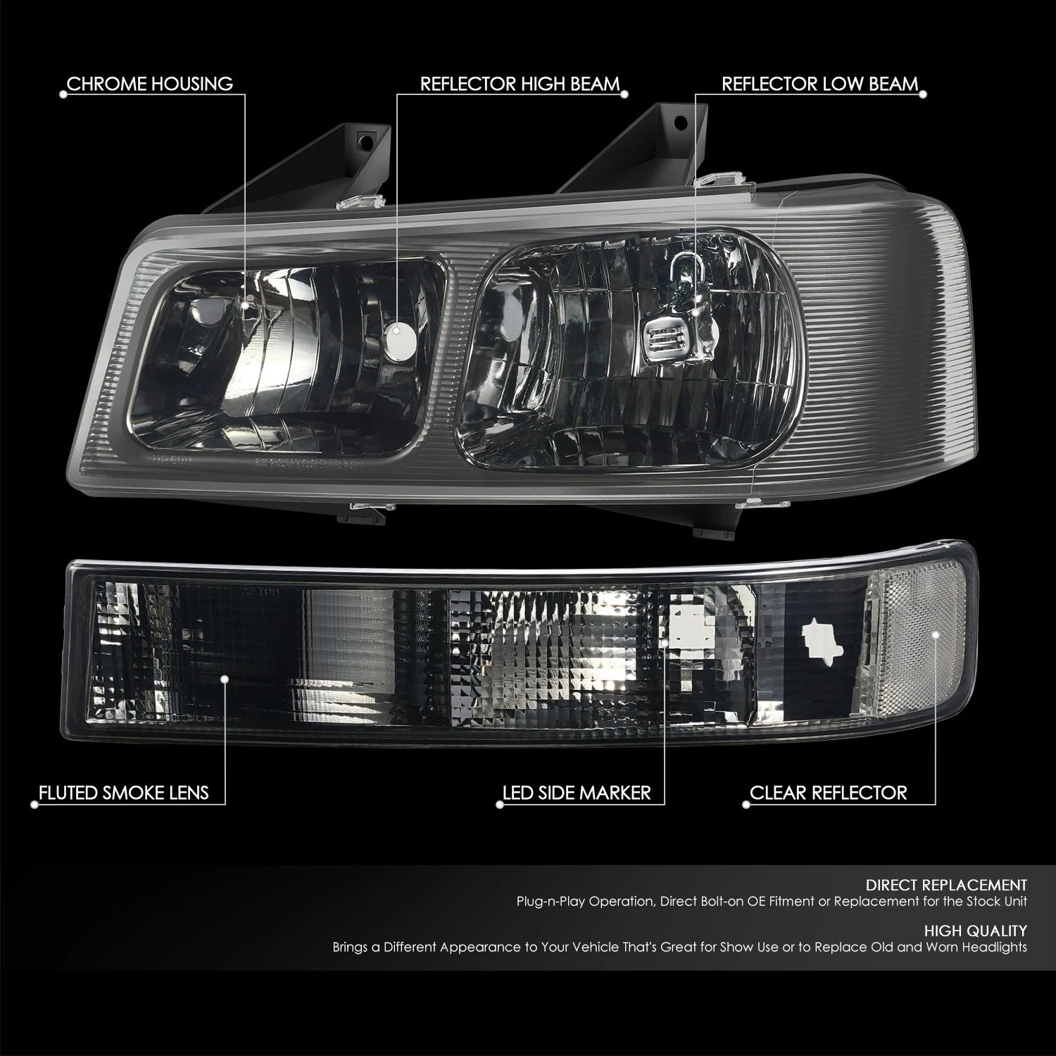 Set of 2 Smoked Headlights with Signal Bumper Lamps for Express Savana 1500 2500 3500 (2003–2022)