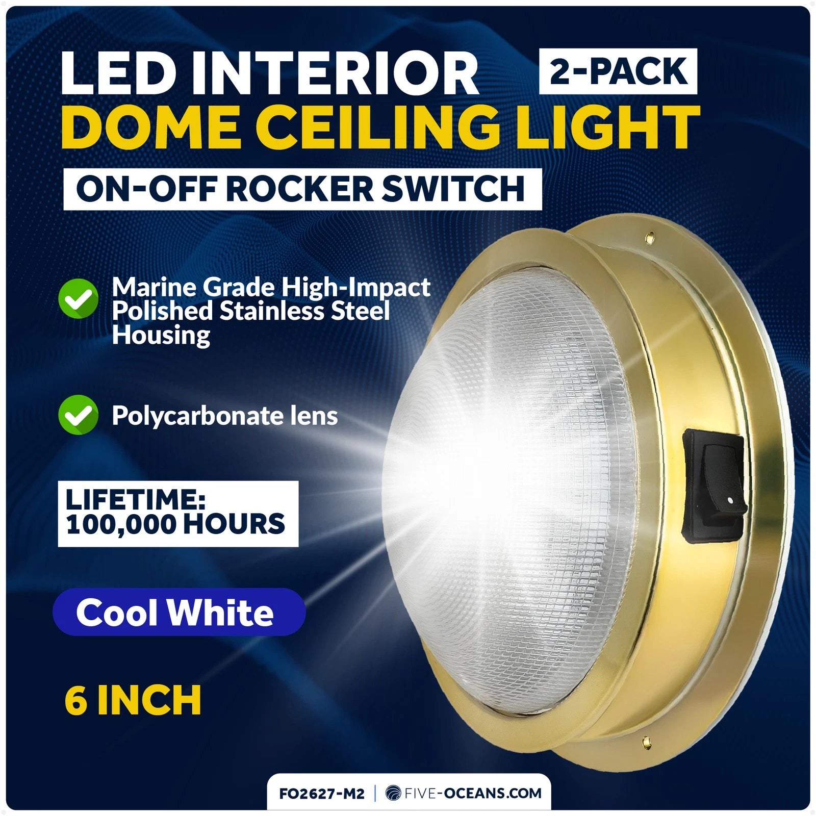 2X Marine LED Interior Dome Light for Boat Ceiling (Brass Plate)