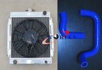 3 Row Aluminum Radiator + Fan + Blue Hose for Datsun 1200 (1970-1976)